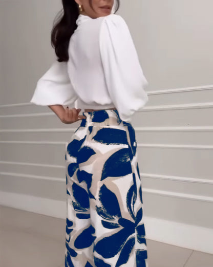 2 Pieces Outfit Wrap Plunge V Neck Crop Blouse and Casual Floral Print Wide Leg Pants Set