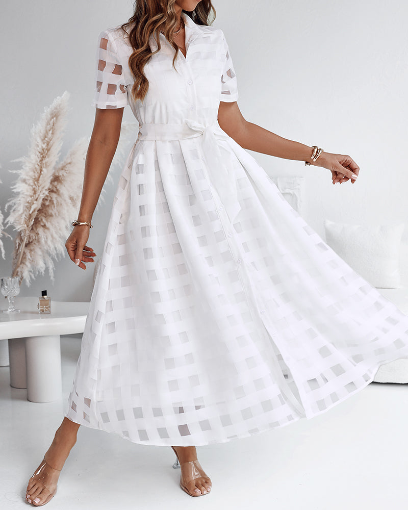 Turn Down Collar Plaid Mesh Double Layered Cinched Waist Maxi Dress Button Down Bow Tie Waist Commuting Dress