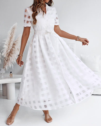 Turn Down Collar Plaid Mesh Double Layered Cinched Waist Maxi Dress Button Down Bow Tie Waist Commuting Dress