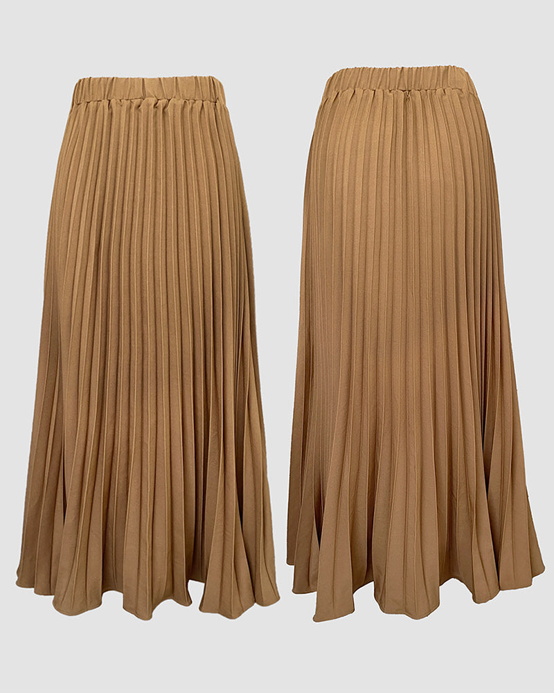 Turn-down Collar Sleeveless Button Vest and Casual Pleated Skirt Sets