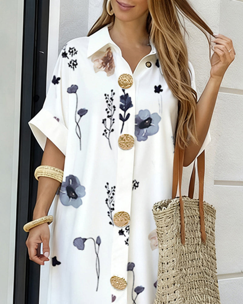 Floral Print Short Sleeve Turn-down Collar Shirt Dress Casual Button Details Midi Dress