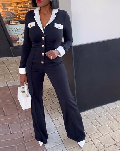 Colorblock Long Sleeve Jumpsuit with Turn-down Collar Casual Metal Button Details Wide Leg Romper
