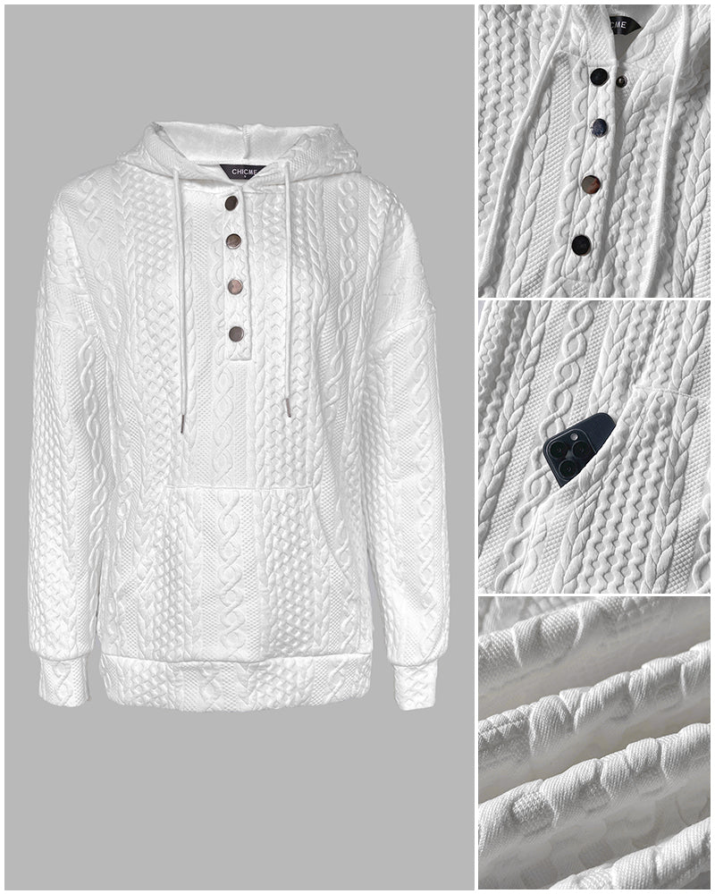 Long Sleeve Half Snap Buttons Front Drawstring Hoodie Sweatshirt Casual Kangaroo Pocket Drop Shoulder Cable Textured Top