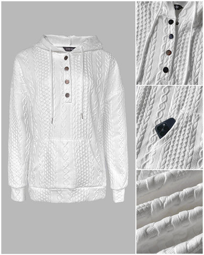 Long Sleeve Half Snap Buttons Front Drawstring Hoodie Sweatshirt Casual Kangaroo Pocket Drop Shoulder Cable Textured Top