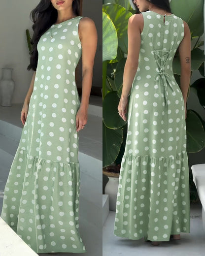 Women's Polka Dot Maxi Dress Casual Sleeveless Lace up Back Vacation Dress Elegant Ruffle Hem Loose A Line Long Sundress