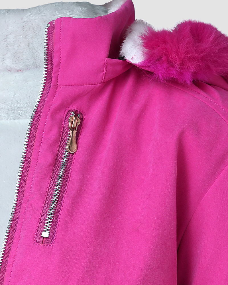 Fuzzy Trim Jacket Hooded Zip Up Fleece Lined Coat Outwear with Pockets