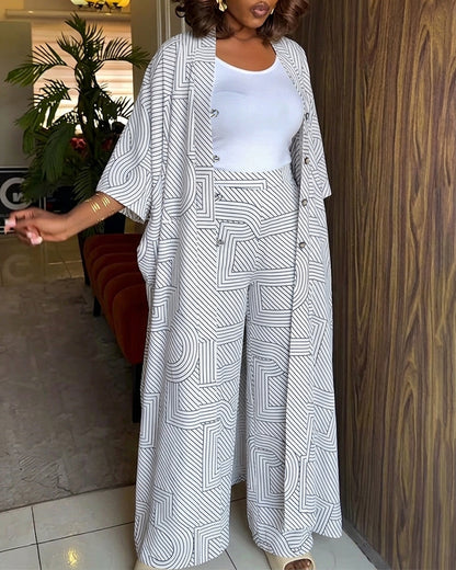 Women's Geometric Print 2 Piece Outfits Batwing Sleeve Loose Longline Cardigan and High Waisted Wide Leg Pants Set
