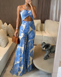 Women's Palm Leaf Print 2 Piece Set Convertible Halter Tie Top and Ruffle Wide Leg Pants Casual Vacation Set