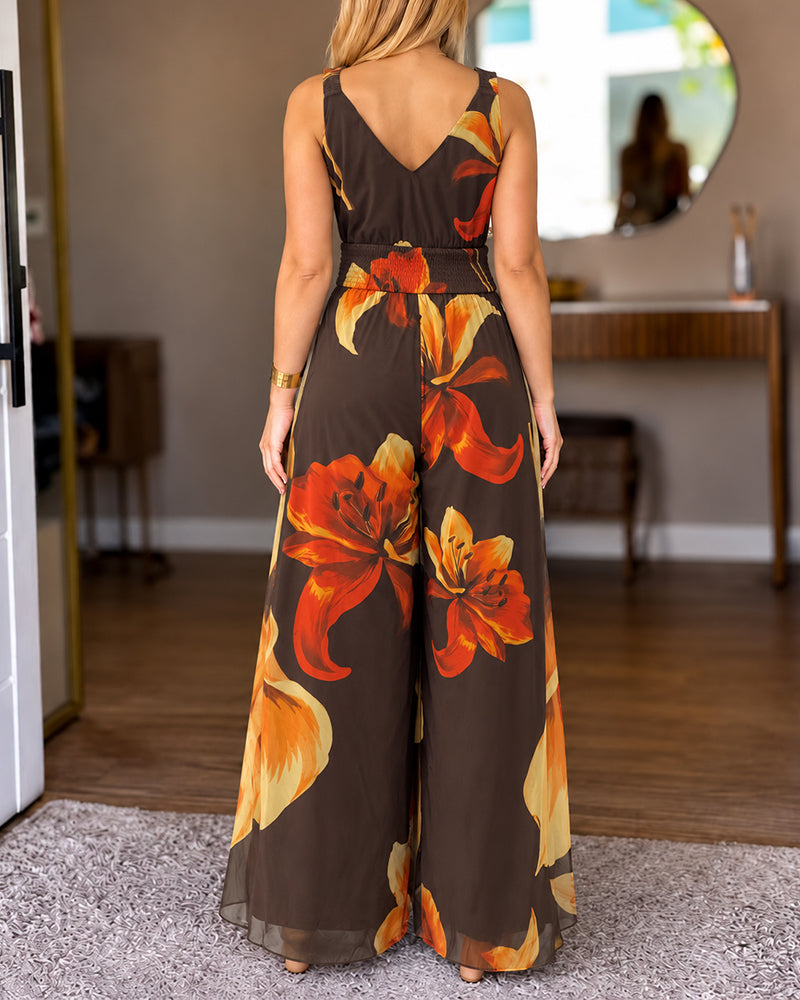 Women's Vintage Floral Print Mesh V-Neck Shirred Waist Wide-Leg Jumpsuit with Lining