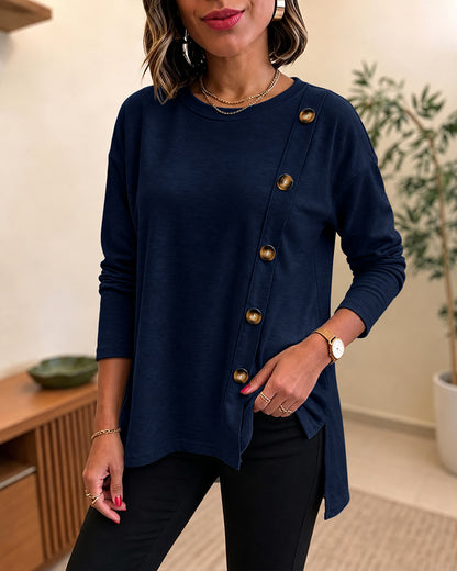 Women's Side Button Detail High-Low Split Hem Loose Tee Drop Shoulder Casual Top