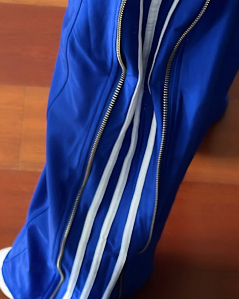 Contrast Side Striped & Zipper Slit Side Drawstring Elastic Waist Trousers Casual Wide Leg Pants