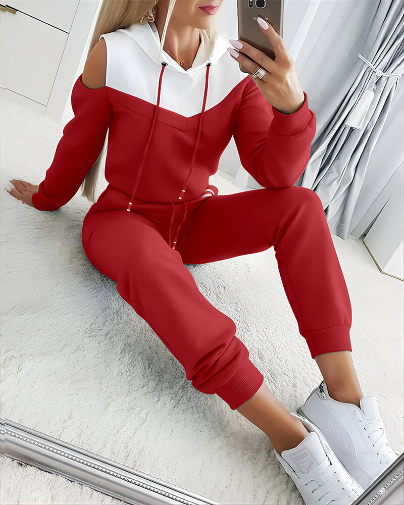2 Pieces Outfit Colorblock Cold Shoulder Long Sleeve Drawstring Hoodie Top and Casual Contrast Striped Decor Elastic Waist Jogger Pants Set