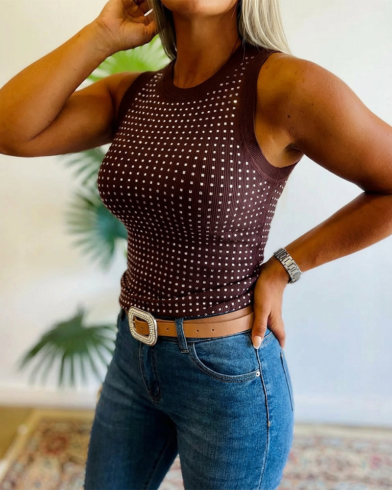 Rhinestone Decor O-neck Sleeveless Tee Slim Fit Ribbed Tank Top