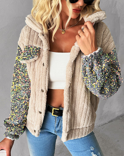 Turn-down Collar Sequin Patch Teddy Jacket