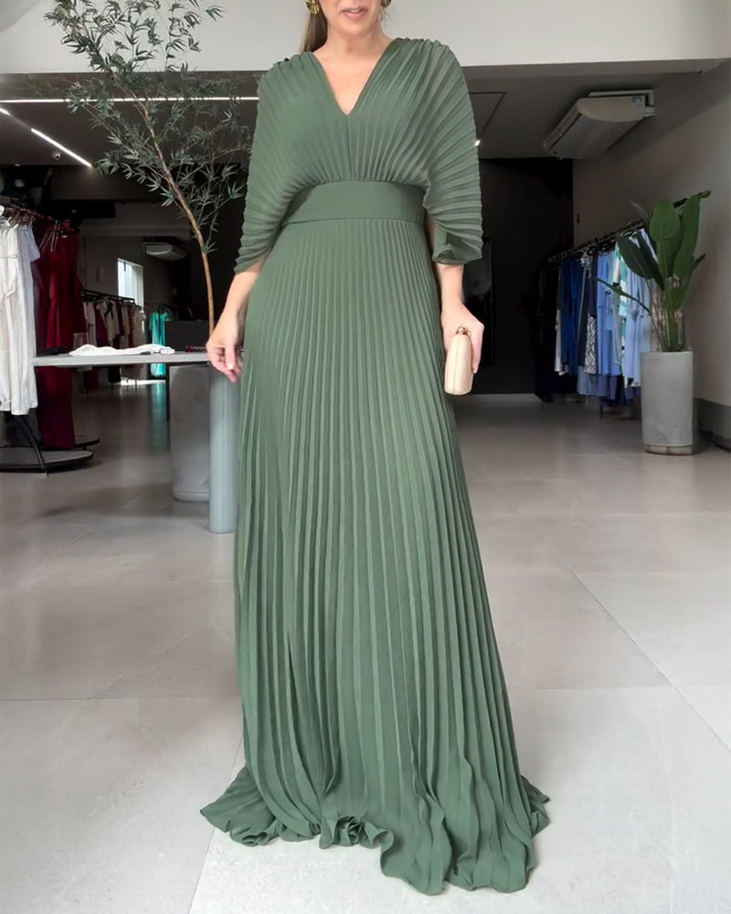 Deep V-Neck Batwing Sleeve High Waist Pleated Maxi Dress Casual Cinched Waist Backless Tied Detail Zipper Back Evening Dress