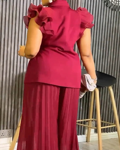 Trendy Two-Piece Set Ruffles Sleeve Waist Tied Detail Blazer and Casual Wide Leg Pleated Pants Set