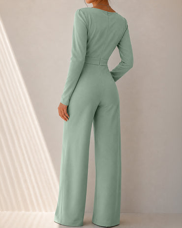 Women's Wrap Deep V Neck Long Sleeve High Waisted Wide Leg Jumpsuit Casual Ruched Overalls