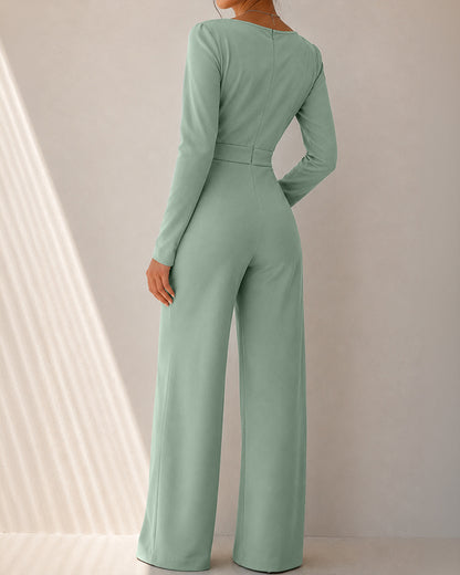 Women's Wrap Deep V Neck Long Sleeve High Waisted Wide Leg Jumpsuit Casual Ruched Overalls