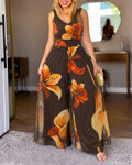 Women's Vintage Floral Print Mesh V-Neck Shirred Waist Wide-Leg Jumpsuit with Lining