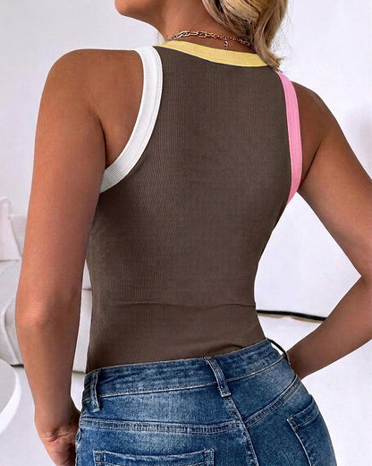 Women's Contrast Trim Ribbed Tank Top Slim Fit Sleeveless Round Neck Basic Camisole for Streetwear & Layering