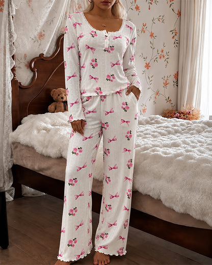 Women's Floral Bow Print Frill Trim Pajama Set Lace U-Neck Henley Long Sleeve Top and Pants Lounge Set
