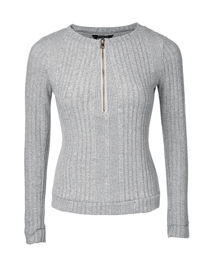 Crewneck Long Sleeve Ribbed Top Half Zipper Design Casual Pullover Tops
