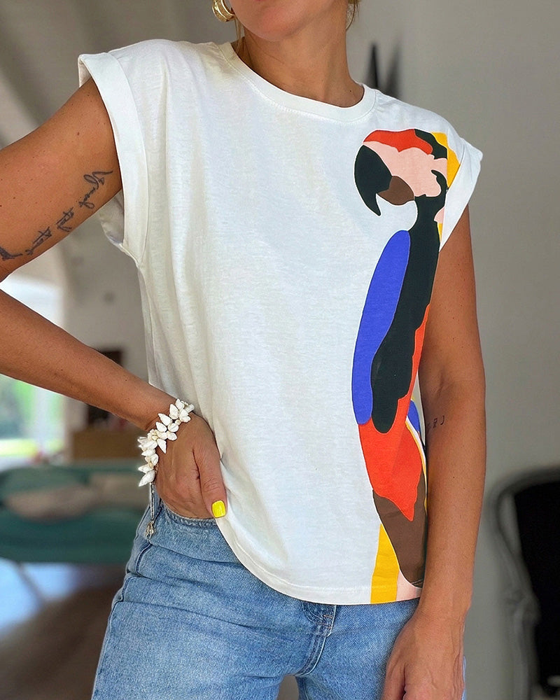 Women's Parrot Graphic Tee Loose Crewneck Cuffed Cap Sleeve T-Shirt Casual Top