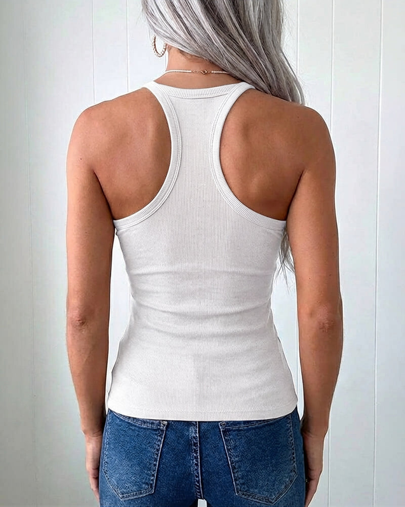 U-Neck Spaghetti Straps Ribbed Top Slim Fit Versatile Racerback Cami Top