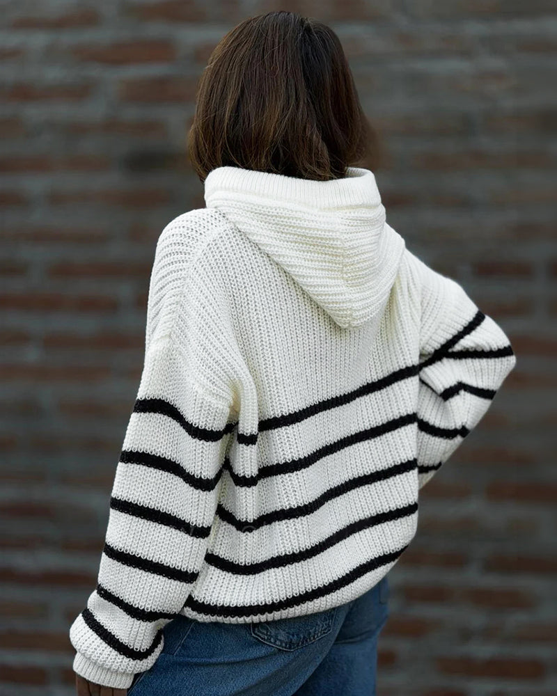 Women's Striped Henley Drawstring Hooded Sweater Loose Fit Lantern Sleeve Knit Pullover