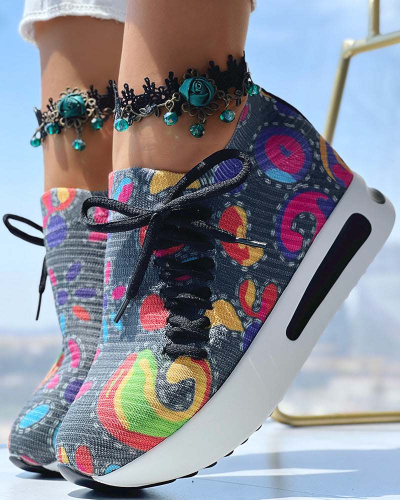 Abstract Print Side Lace-up Casual Wedge Sneakers