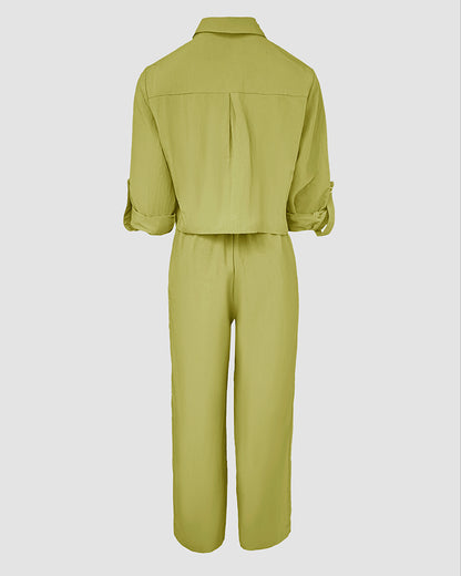 2 Pieces Outfit Turn-down Collar Turn-Up Sleeves Button Front Flap Pockets Design Top and Causal Zipper Fly Elastic Back Waist Wide Leg Pants Set