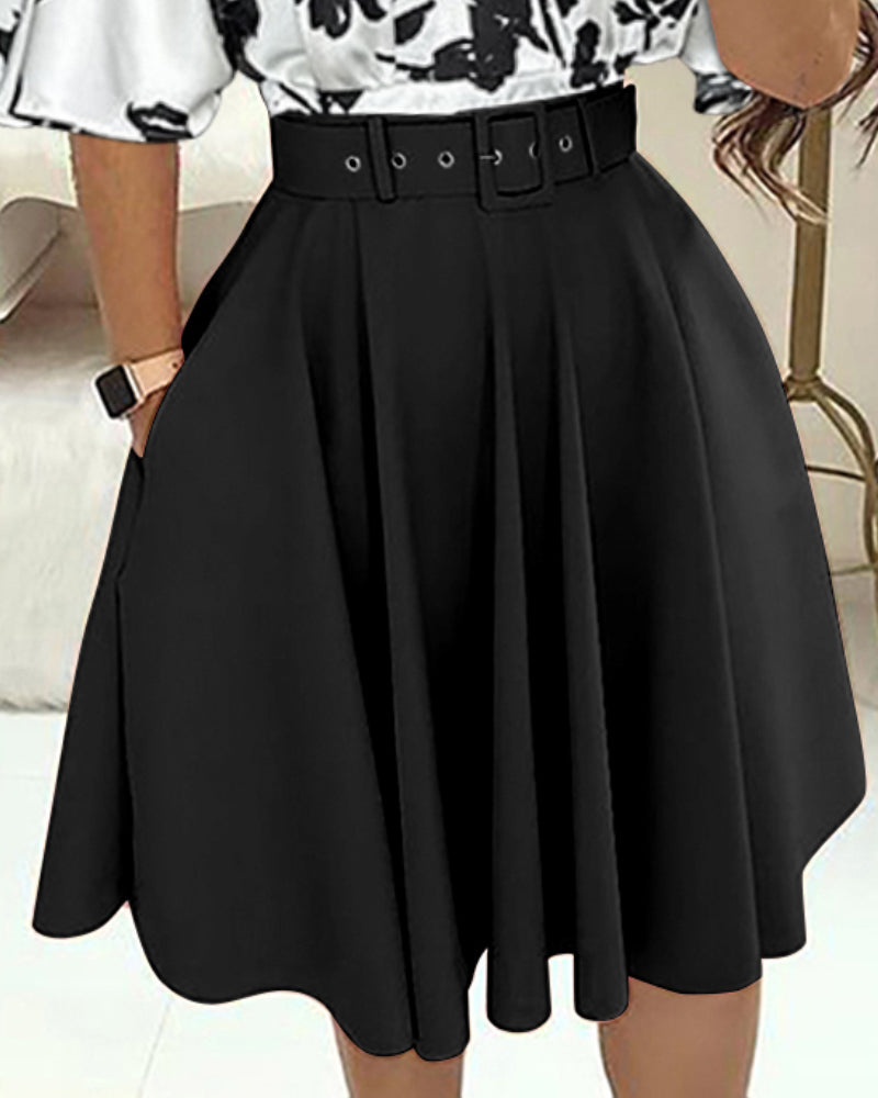 2 Pieces Outfit Colorblock Floral Print Bell Sleeve Hollow-out Back Shirred Back Hem Top and Casual A-line Skirt Set with Belt