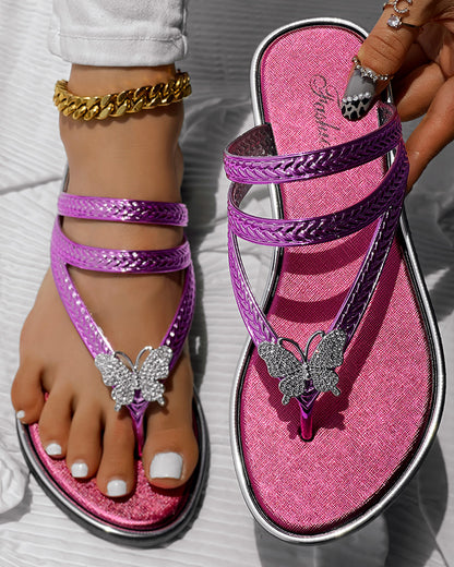 Butterfly Pattern Rhinestone Toe Post Flip Flops