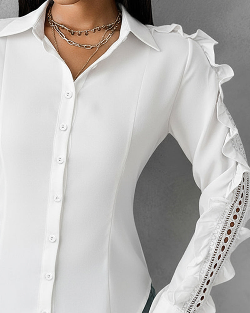 Turn-down Collar Ruffles & Hollow-out Design Long Sleeve Blouse Button Front Asymmetrical Hem Top