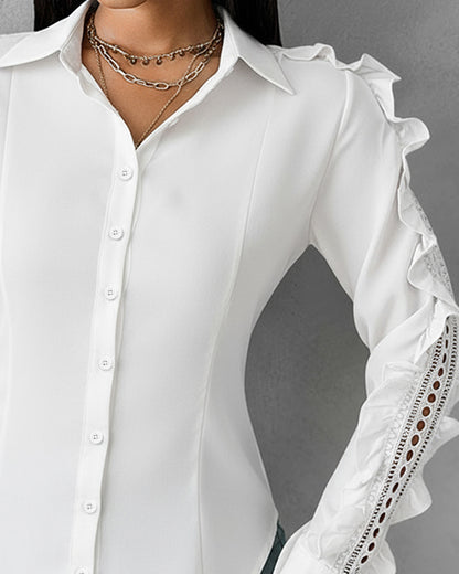 Turn-down Collar Ruffles & Hollow-out Design Long Sleeve Blouse Button Front Asymmetrical Hem Top