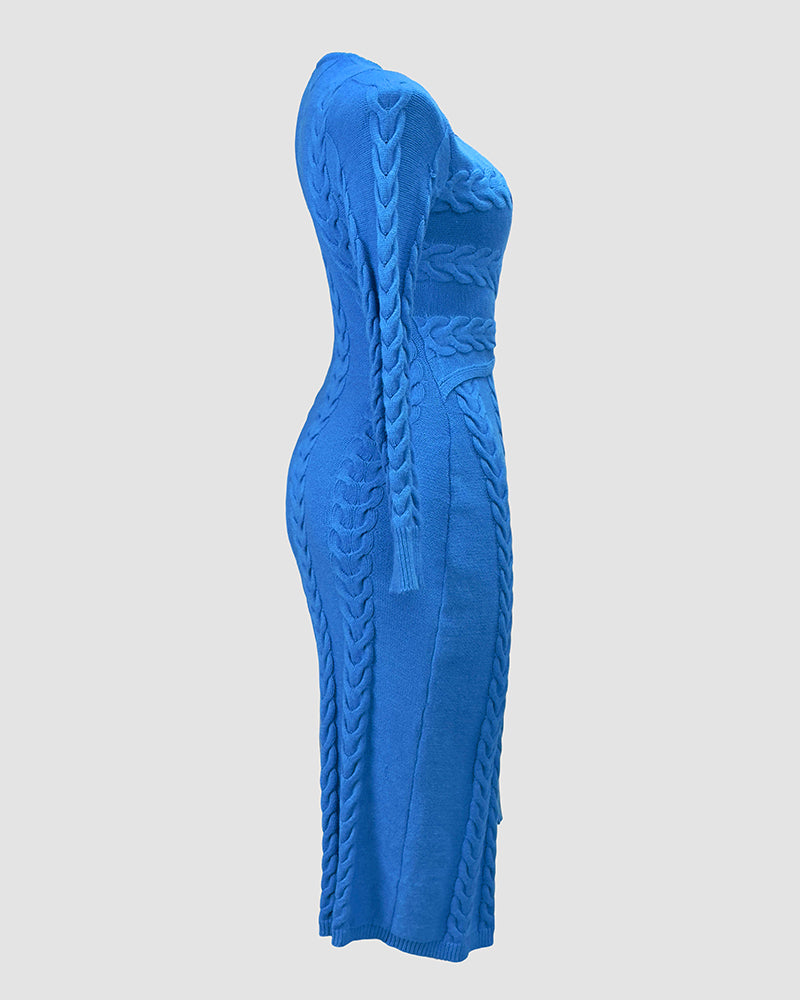 Cable Textured Overlap Deep V Neck Long Sleeve Mid Length Dress Tie Waist Slim Fit Knit Dress