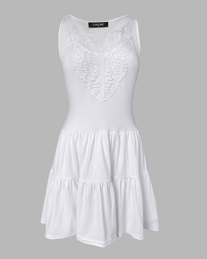 V-Neck Sleeveless Lace Patchwork A Line Dress