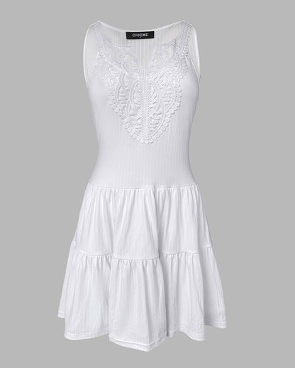 V-Neck Sleeveless Lace Patchwork A Line Dress