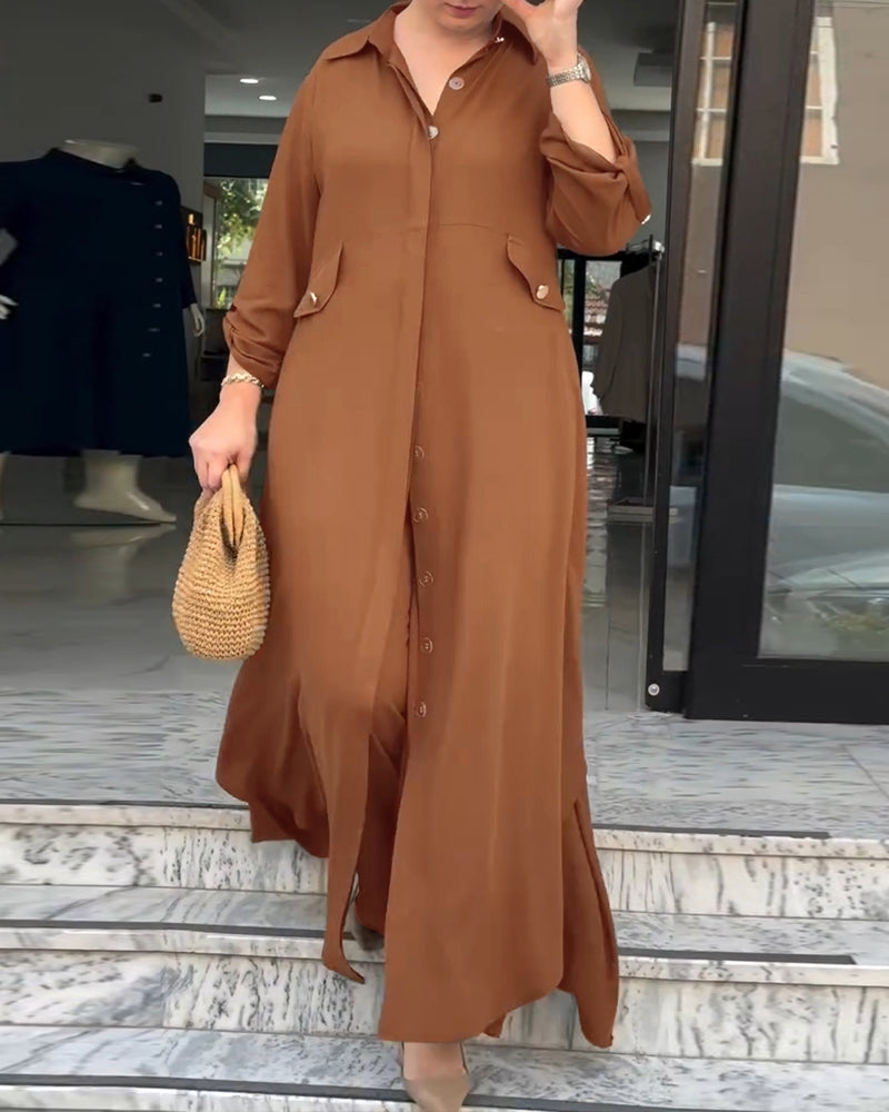 2 Pieces Outfit Turn-down Collar Turn-Up Sleeves Button Front Asymmetrical Hem Longline Blouse and Casual Elastic Waist Wide Leg Pants Set