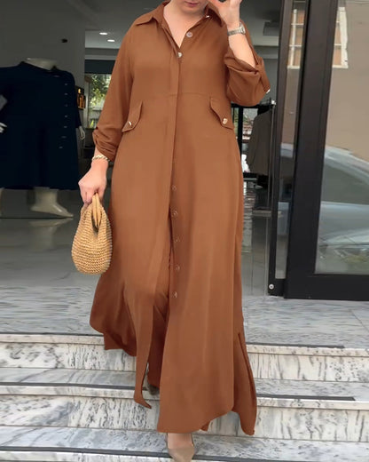 2 Pieces Outfit Turn-down Collar Turn-Up Sleeves Button Front Asymmetrical Hem Longline Blouse and Casual Elastic Waist Wide Leg Pants Set