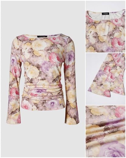 Women's Vintage Oil Painting Floral Boat Neck Flare Long Sleeve Ruched Crop Top