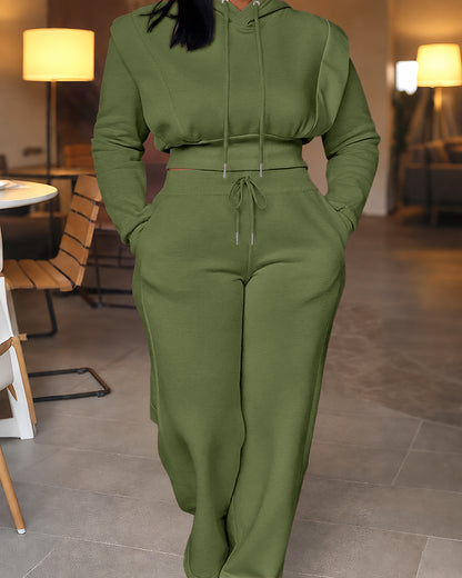 2-teiliges Outfit, langärmliges, kurzes Kapuzenpullover-Sweatshirt mit Kordelzug, Bündchen mit Daumenlöchern und lässigem Jogginghosen-Set mit Kordelzug und elastischer Taille mit weitem Bein 