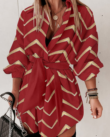 Bronzing Chevron Print Turn-down Collar Tied Detail Shirt Dress