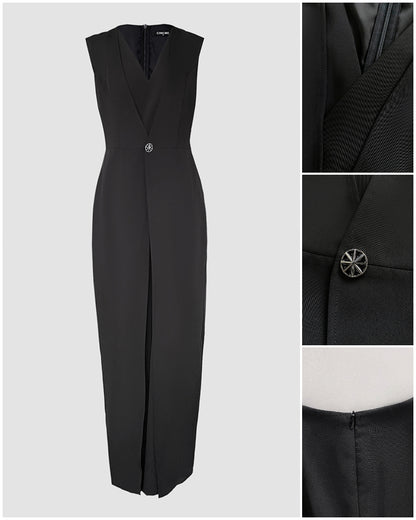 Plunge Sleeveless Button False Two Pieces Wide Leg Jumpsuit