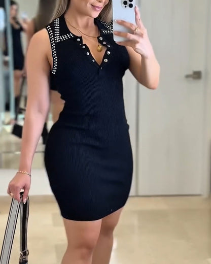 Studded Polo Collar Sleeveless Half Snap Button Front Bodycon Dress Elegant Knit Mini Dress
