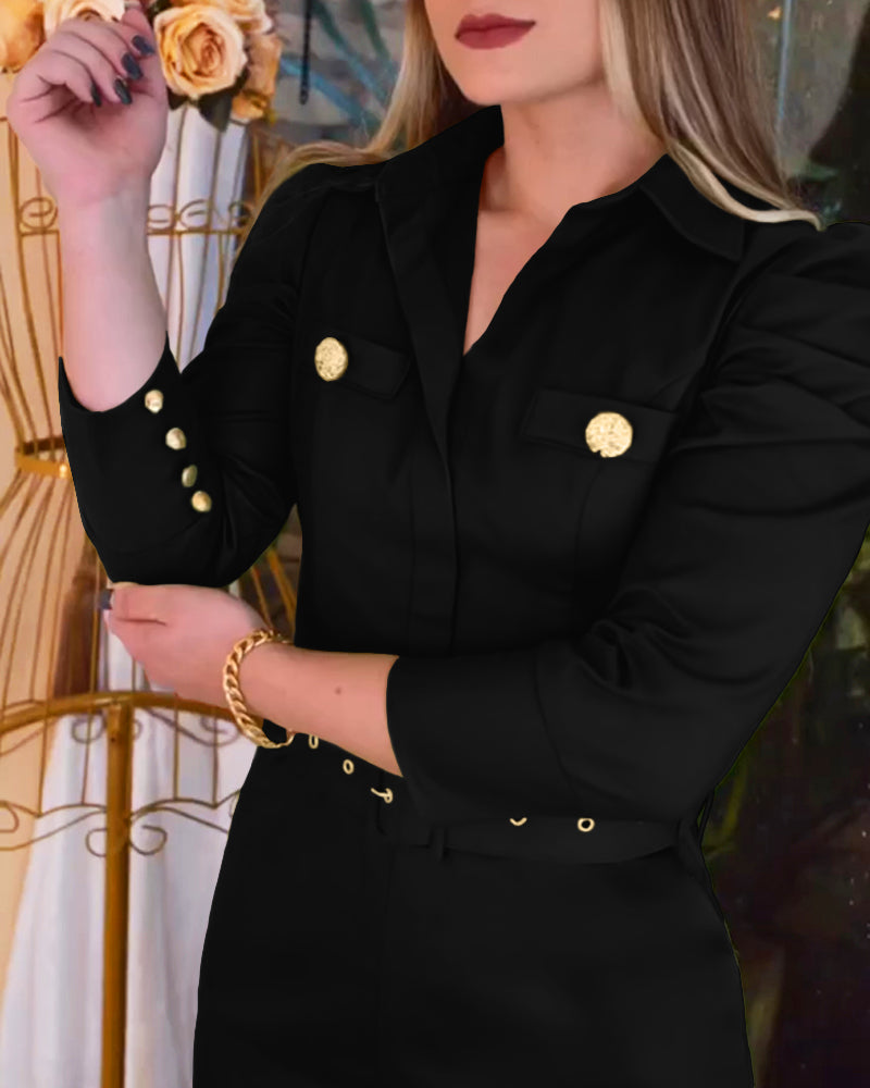 Turn-down Collar Long Sleeve Button Decor Front Slit Slim Fit Mid-Calf Dress Work Bodycon