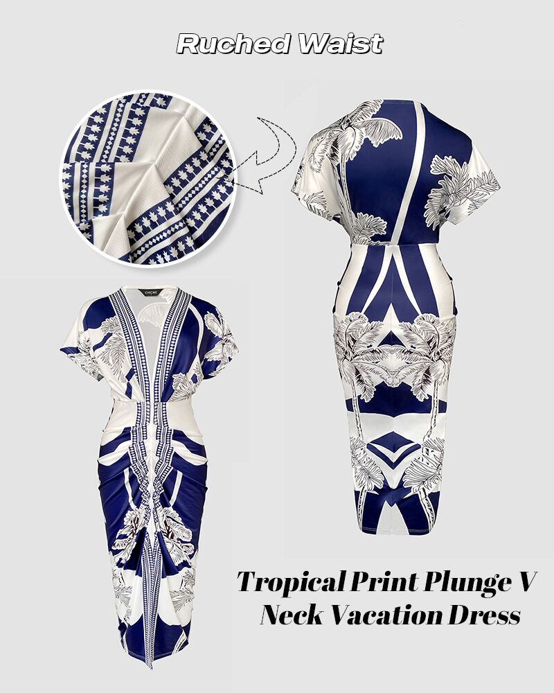 Tropical Print Deep V Neck Ruched Waist Gathered Dress Front Slit Slim Fit Vacation Dress