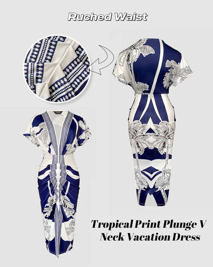 Tropical Print Deep V Neck Ruched Waist Gathered Dress Front Slit Slim Fit Vacation Dress