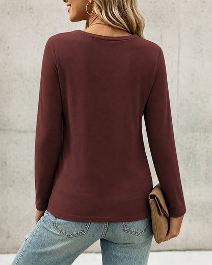 Women's Pleated V Neck T-Shirt Long Sleeve Button Decor Tee Casual Layering Top