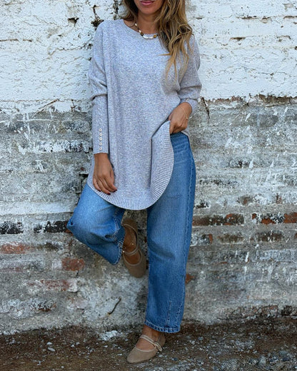 Women's Oversized Sweater Button Decor Crewneck Curved Hem Dropped Shoulder Loose Soft Pullover